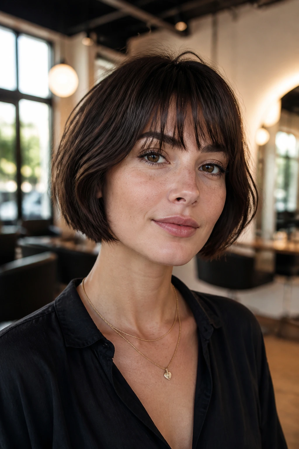 Close-up of a real woman with jaw-length bob and wispy bangs in a salon setting