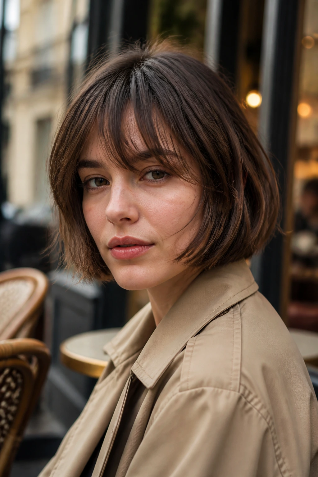 Close-up of a woman with a chin-length French bob and wispy bangs in Paris street setting