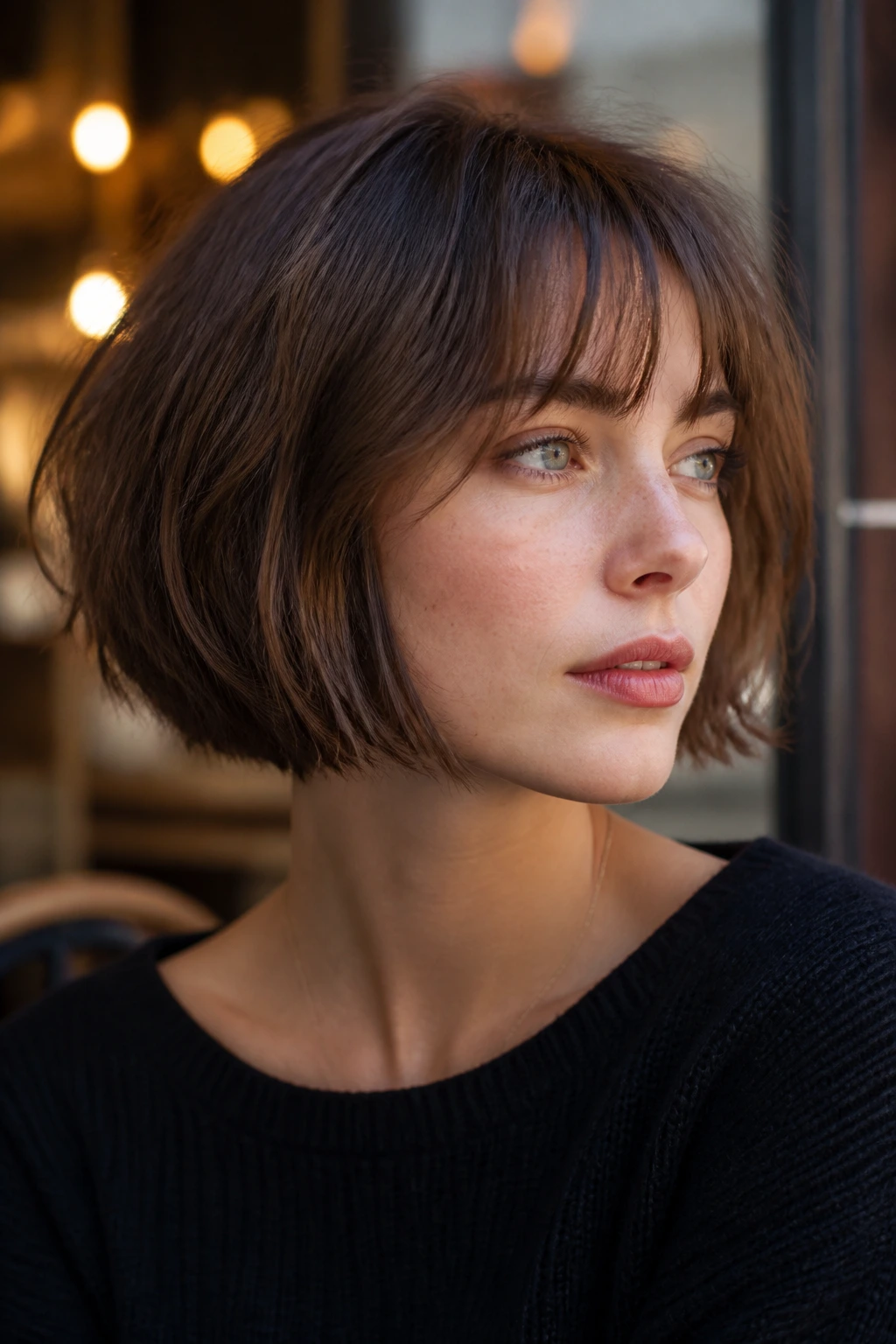 Close-up of a real woman with a French girl bob and wispy bangs, natural texture.