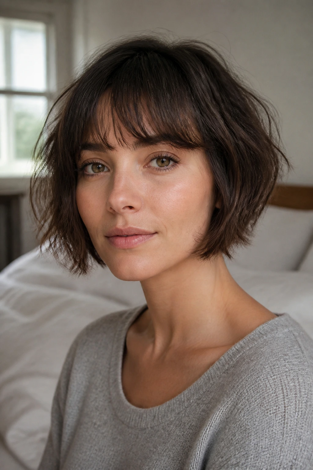 Close-up of a real woman with a French bob and wispy bangs