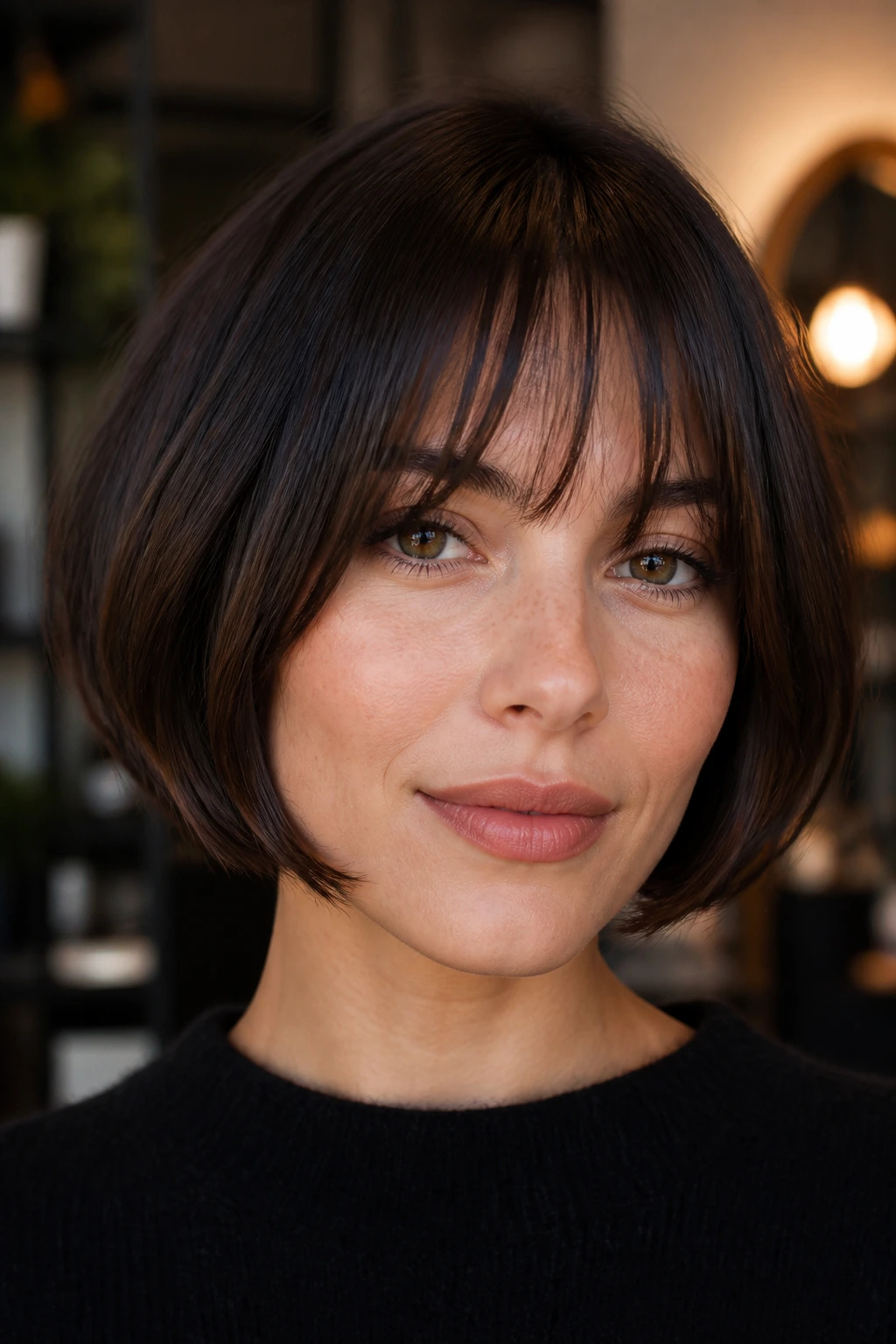Portrait of woman in French bob with wispy fringe