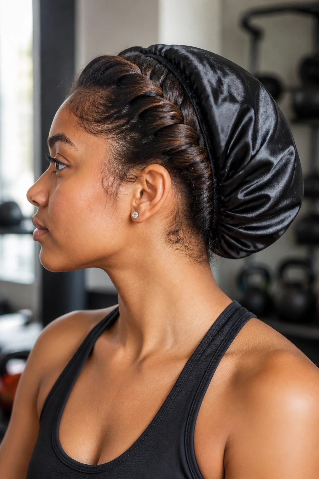 Side profile of a real woman with a pancake-style French braid tucked into a bonnet