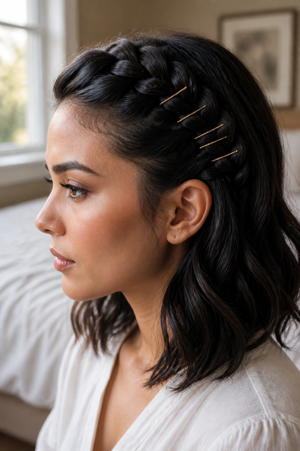 Close-up of a woman with a French braid adorned with gold bobby pins along the braid