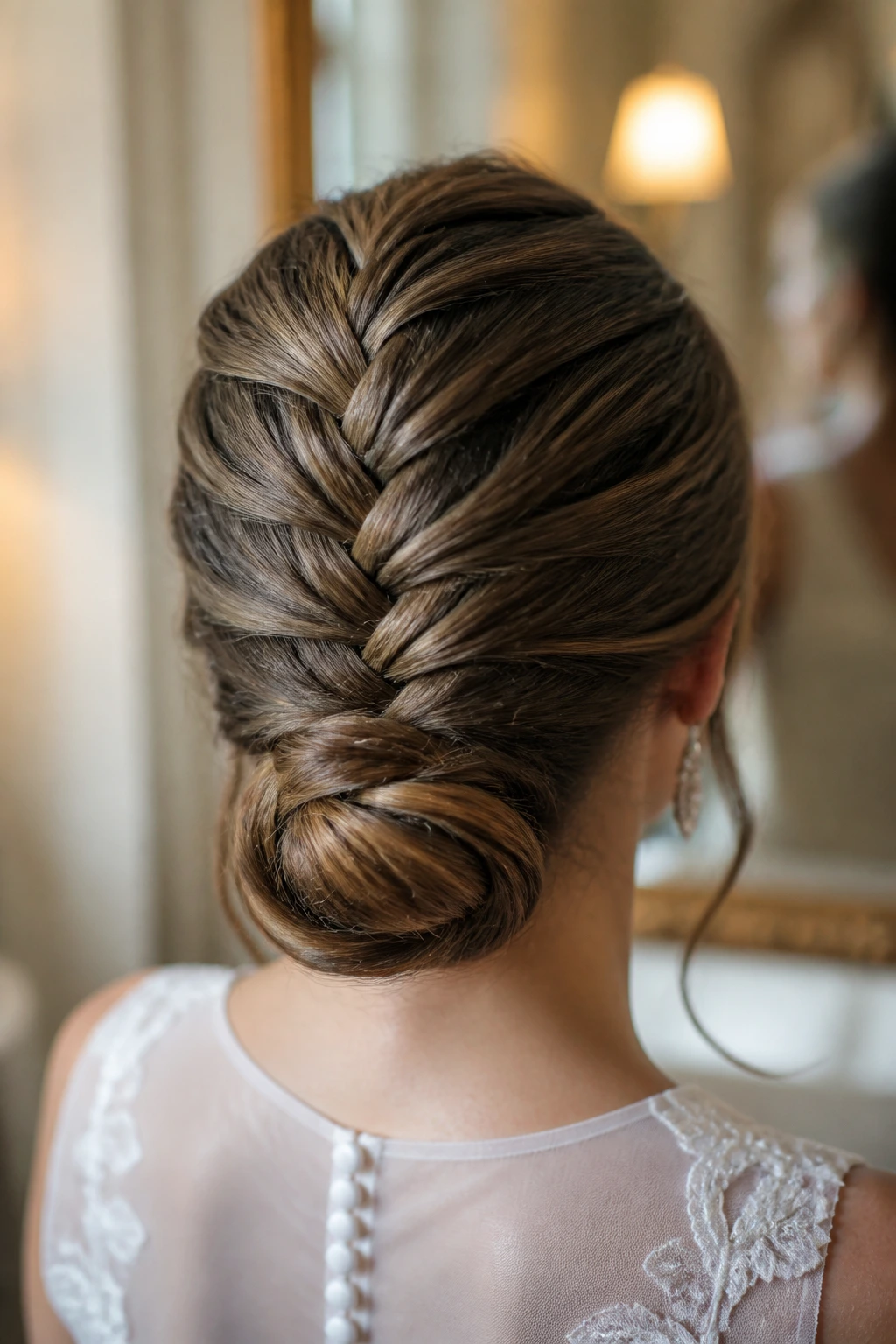 Back view of a French braid flowing into a bun on a real person
