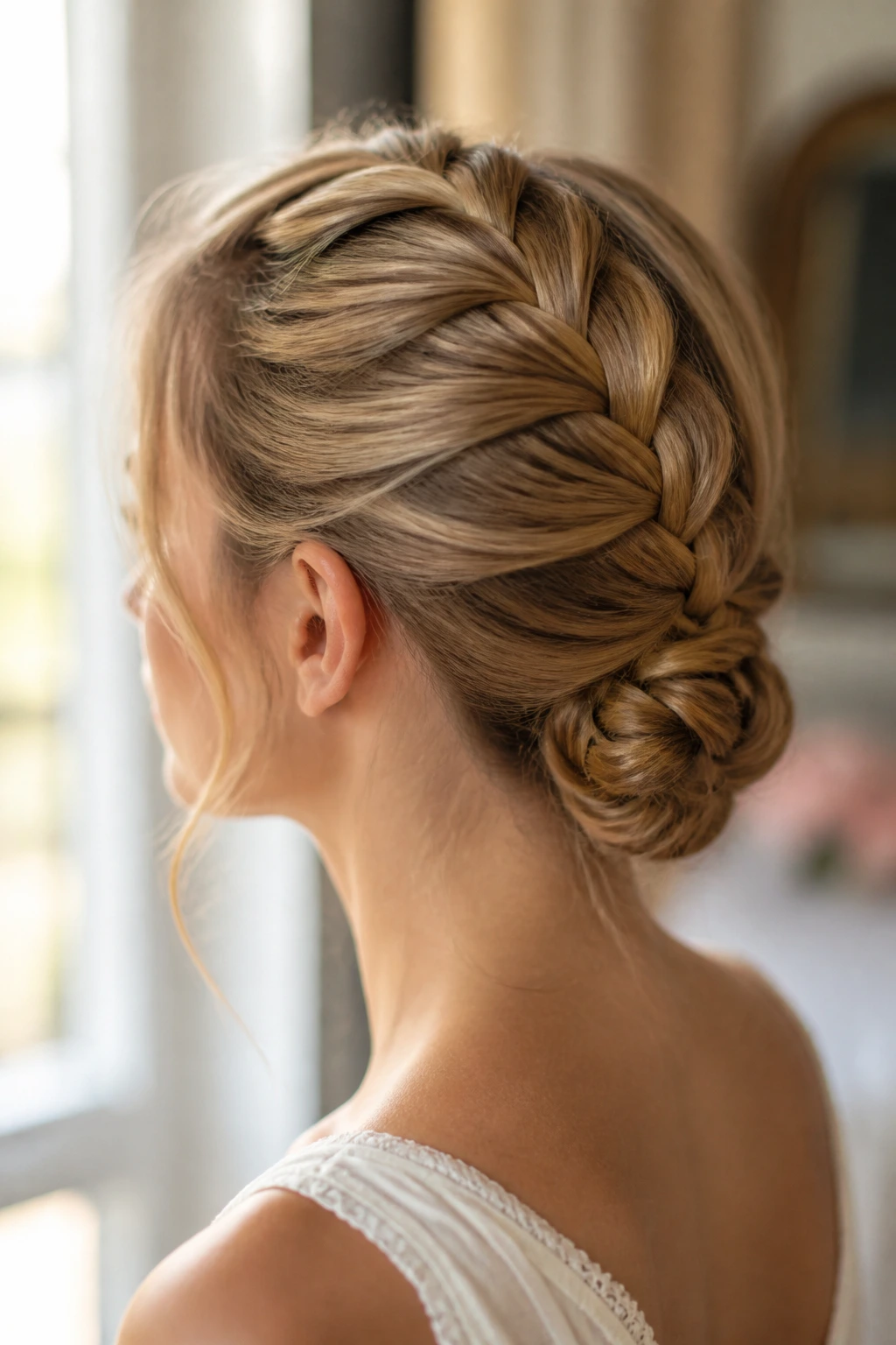 Real person with a low French braid chignon at the nape