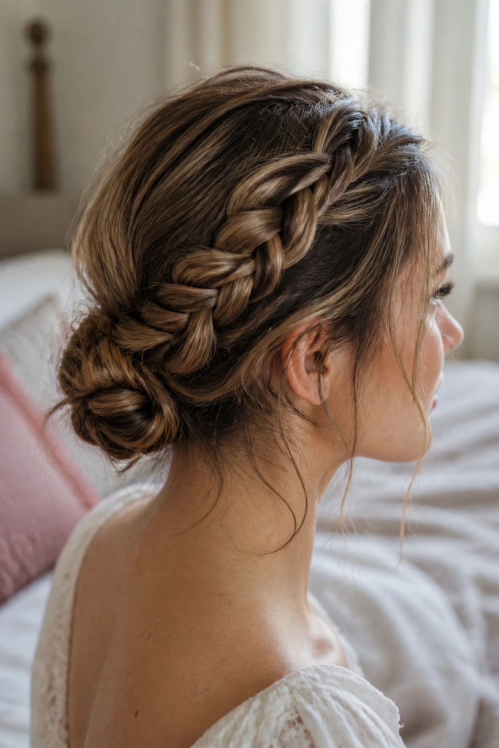 Side view of a woman’s head with a French braid forming a chignon and wispy edges