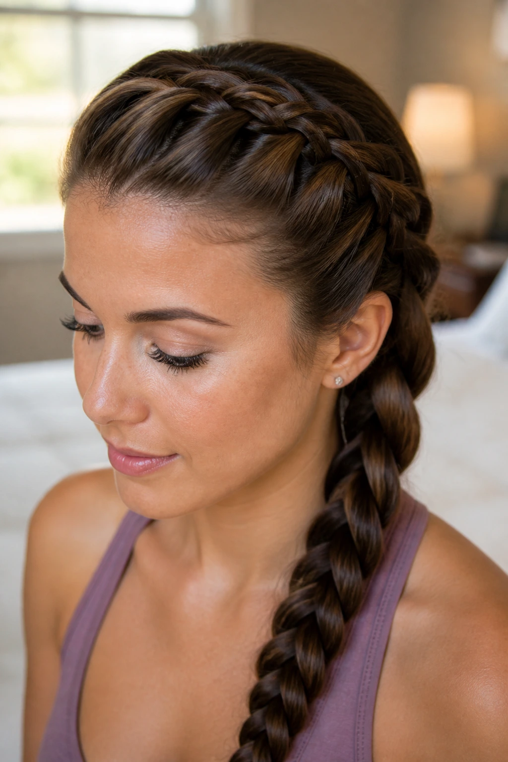 Close-up of a real woman with a classic French braid along her hairline in a softly lit bedroom.