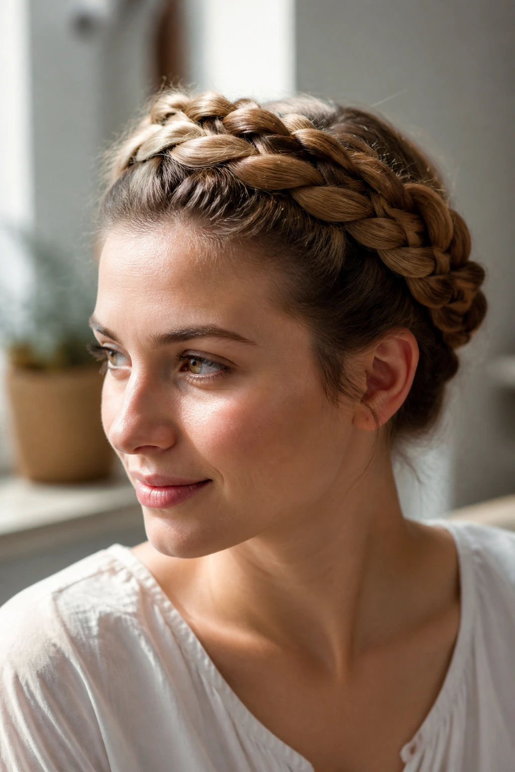 Close-up of a real woman wearing a French braid crown across the hairline