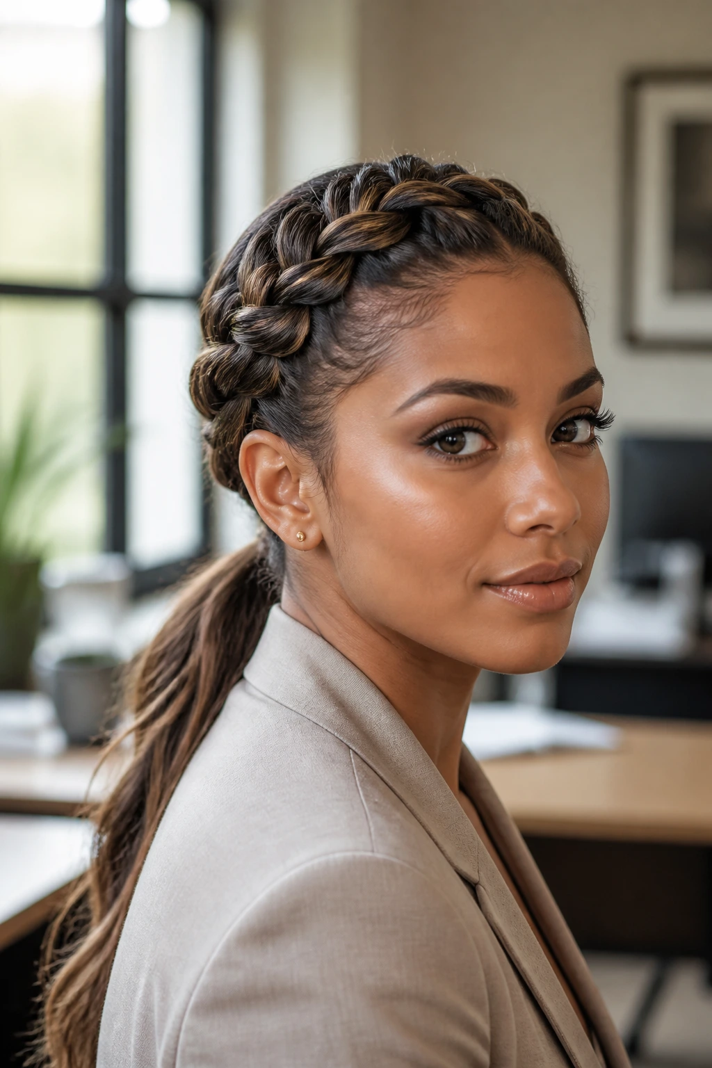 Close-up of a real woman wearing a French braided crown with a low ponytail