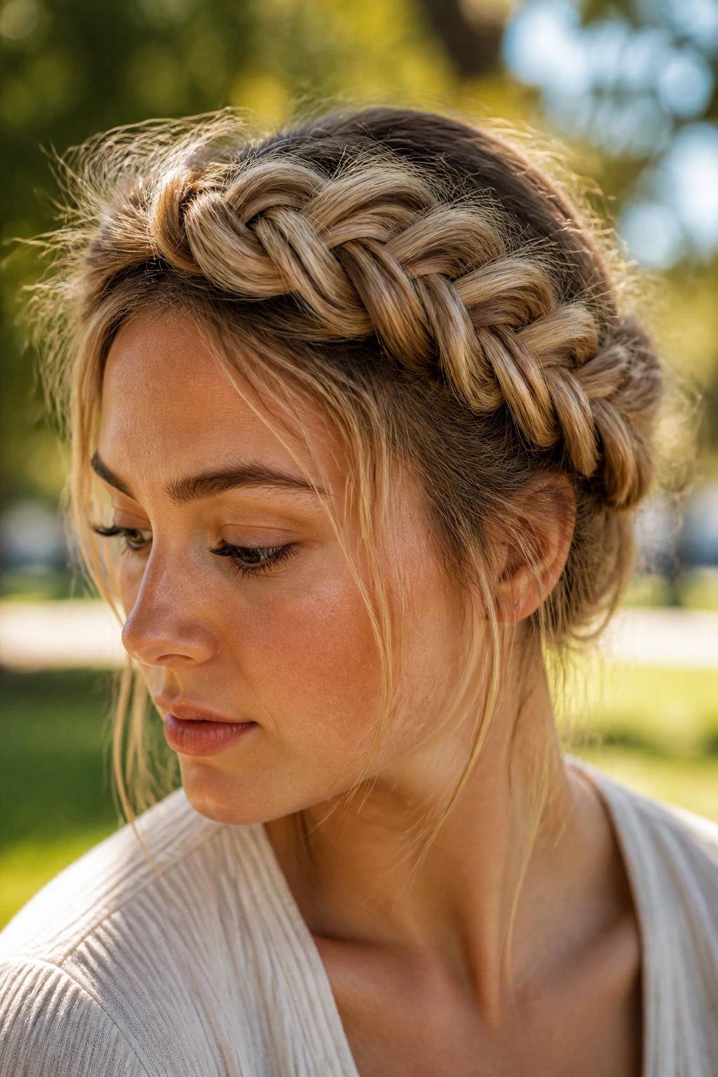 Close-up of a woman wearing a textured French braid crown
