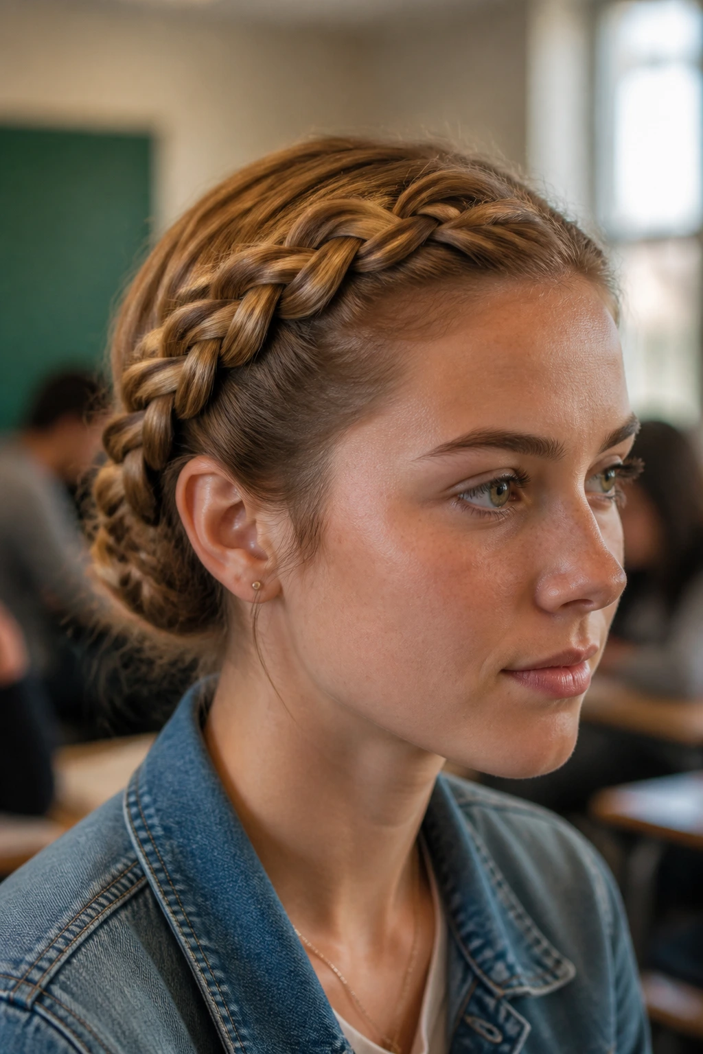 Close-up of a student wearing a French braid crown with tucked ends