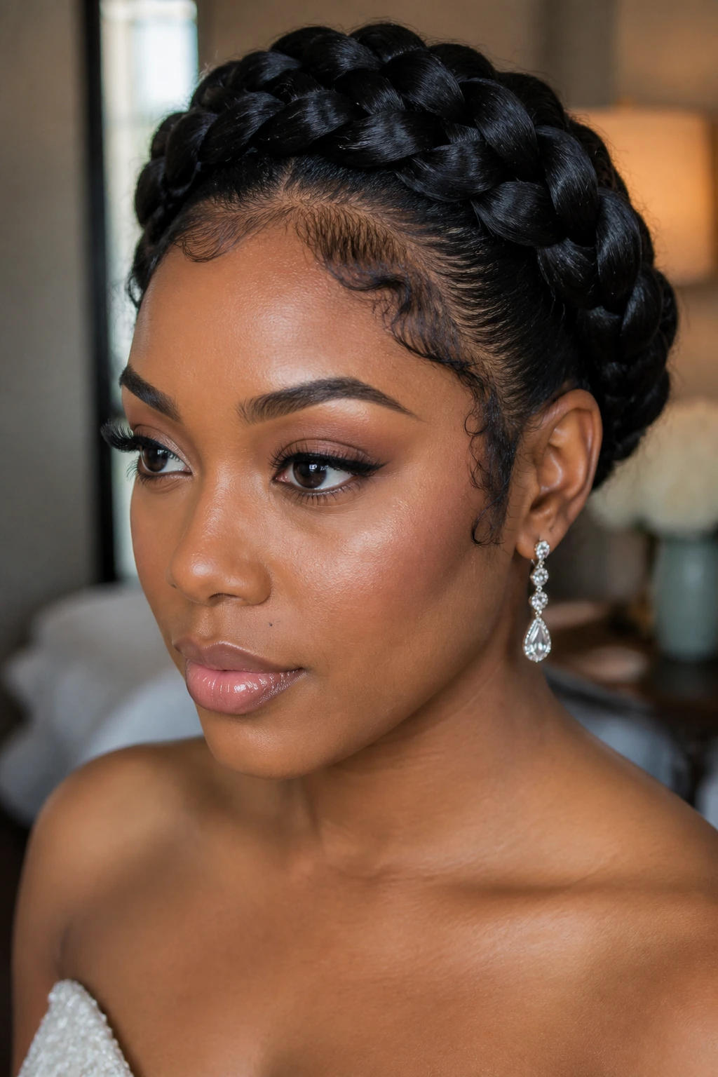 Close-up portrait of a real woman with a crown braid and baby hairs framing the face