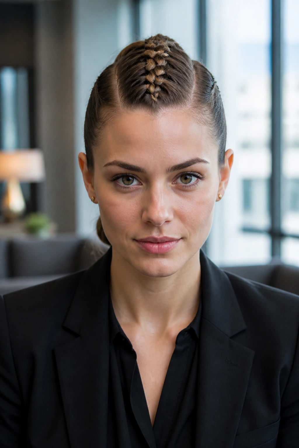 French-Braided Faux Hawk hairstyle on a real person in a sleek office lounge.