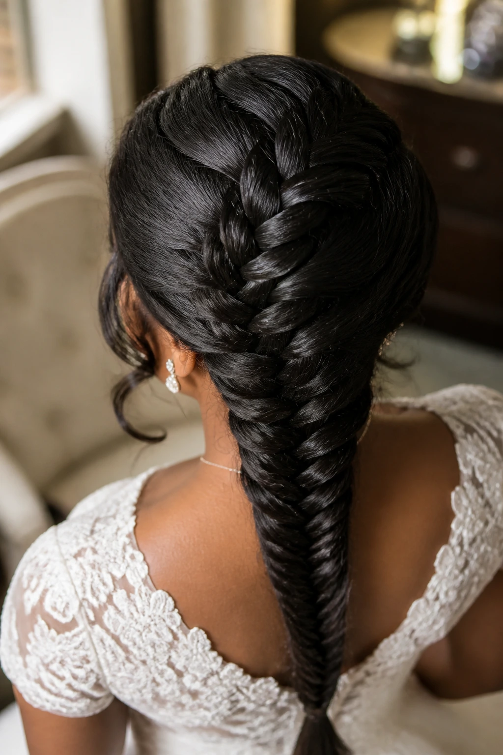 Close-up of a real bride's head showing a French braid transitioning into a fishtail at the nape