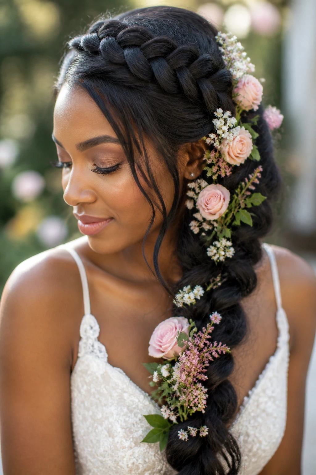 Close-up portrait of a real woman with a side-swept braid and cascading flowers