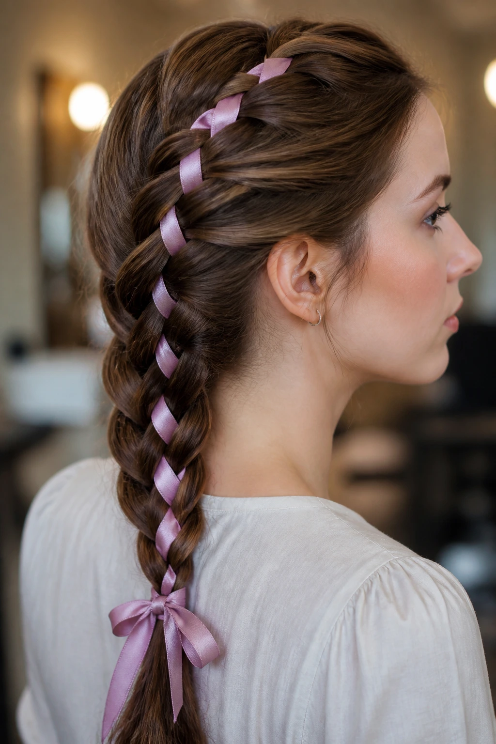 Real person wearing French braid woven with grosgrain ribbon