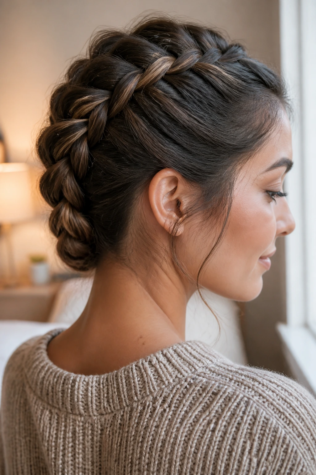 Close-up of a real woman with a French braid down the scalp