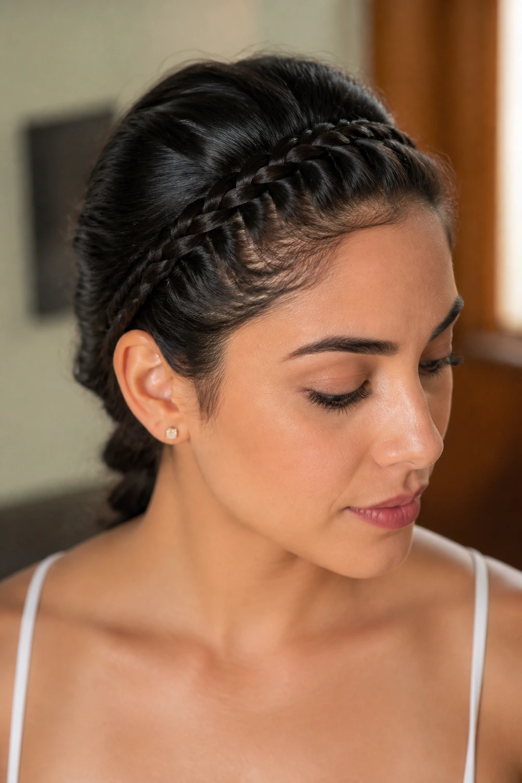 Close-up of a real woman with a hairline French braid headband