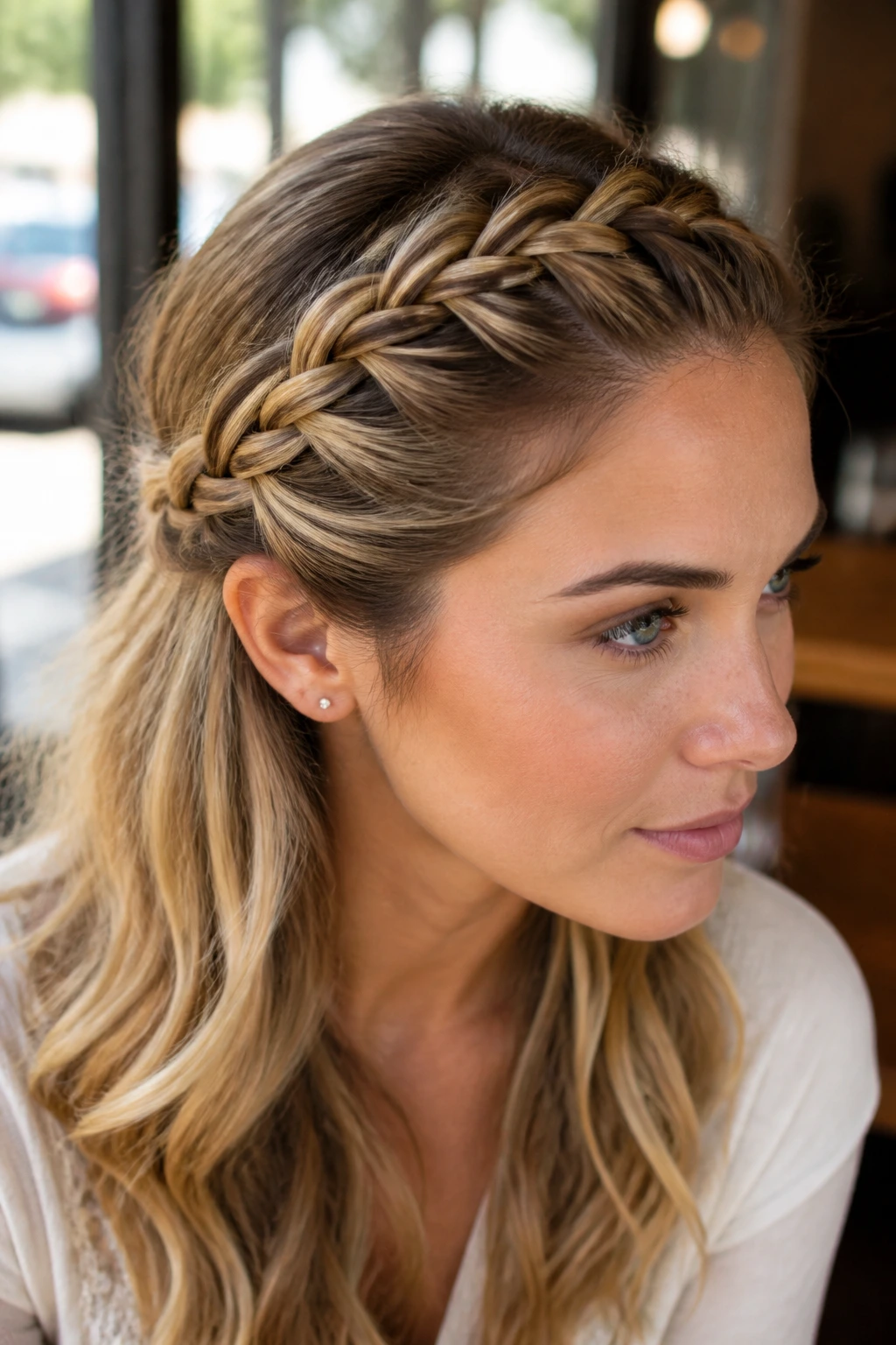 Close-up of a real woman with a volume-filled French braid headband tucked behind the ear