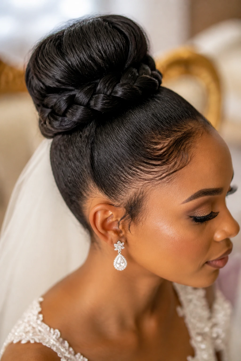 Bride with French braid wrapped around a high bun