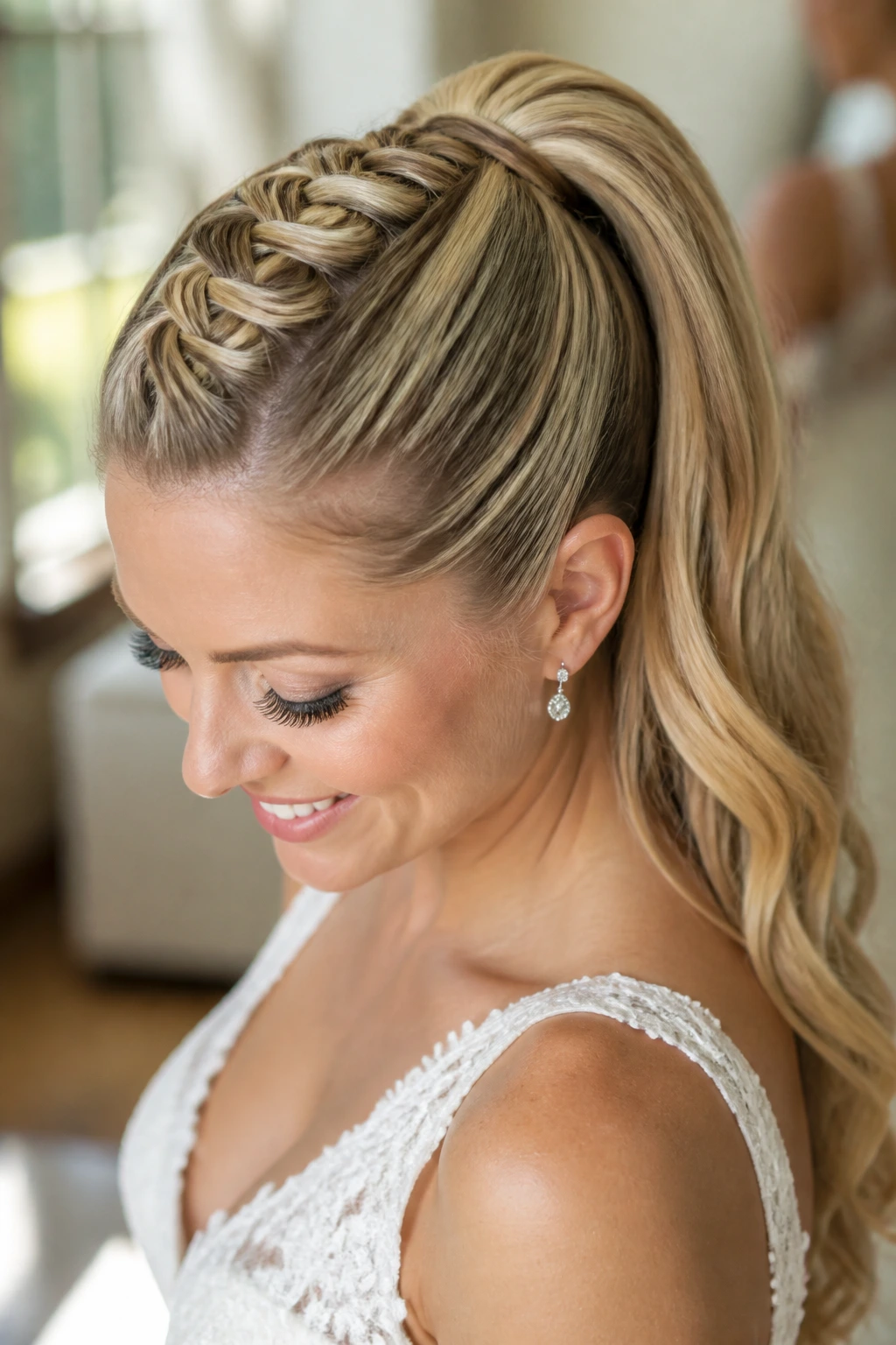 Close-up of bride's head with French braid forming a crown into a high ponytail