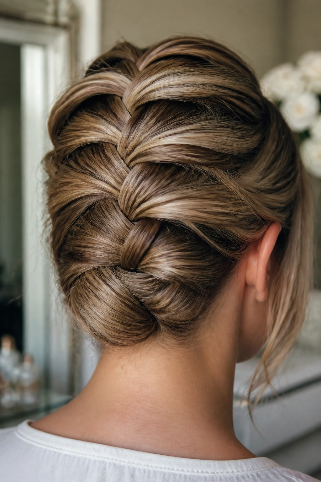 Close-up of a real woman's head showing tucked-under French braid ends