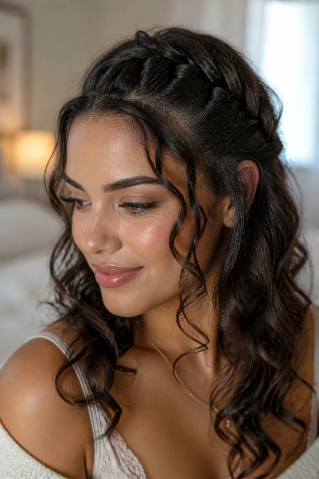 Close-up of a real woman with a top French braid and loose curls in soft bedroom light