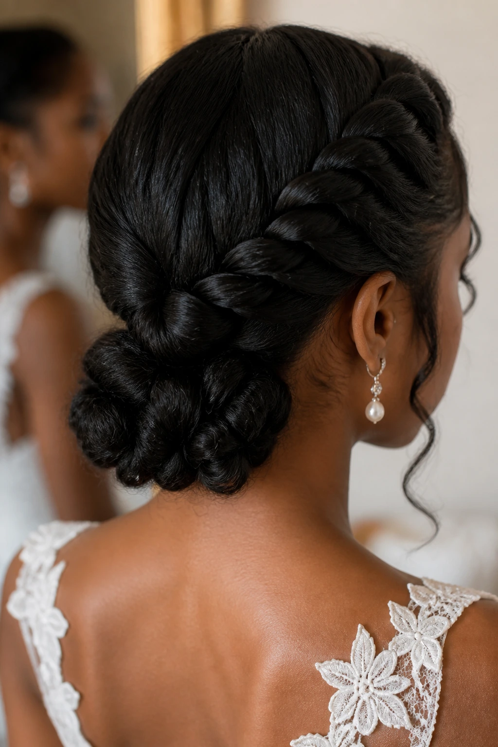 Close-up portrait of a real woman with a French braid forming a low textured bun
