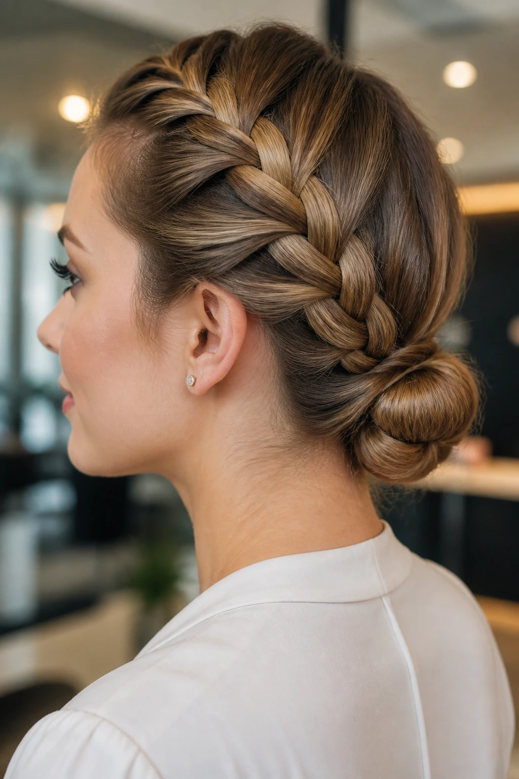 French braid leading into a low bun at the nape on a real woman.