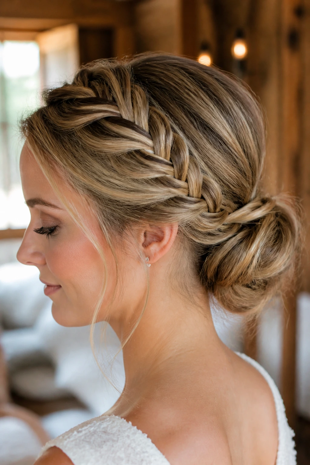 Close-up of real woman with French braid turning into low bun at nape.