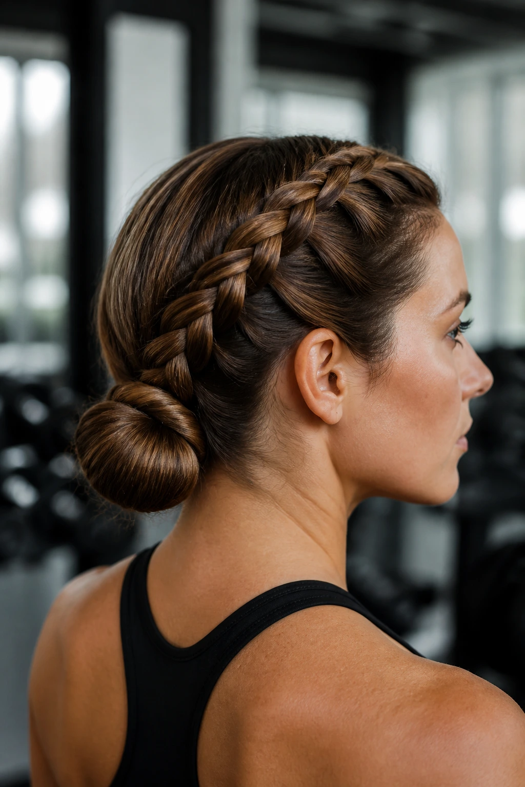 Close-up portrait of a real person with French braid headband transitioning into a low bun at the nape