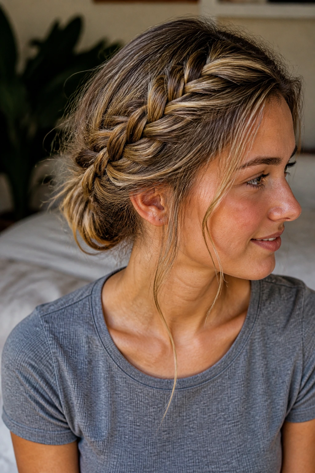 Close-up of a real person wearing a messy French side-sweep braid