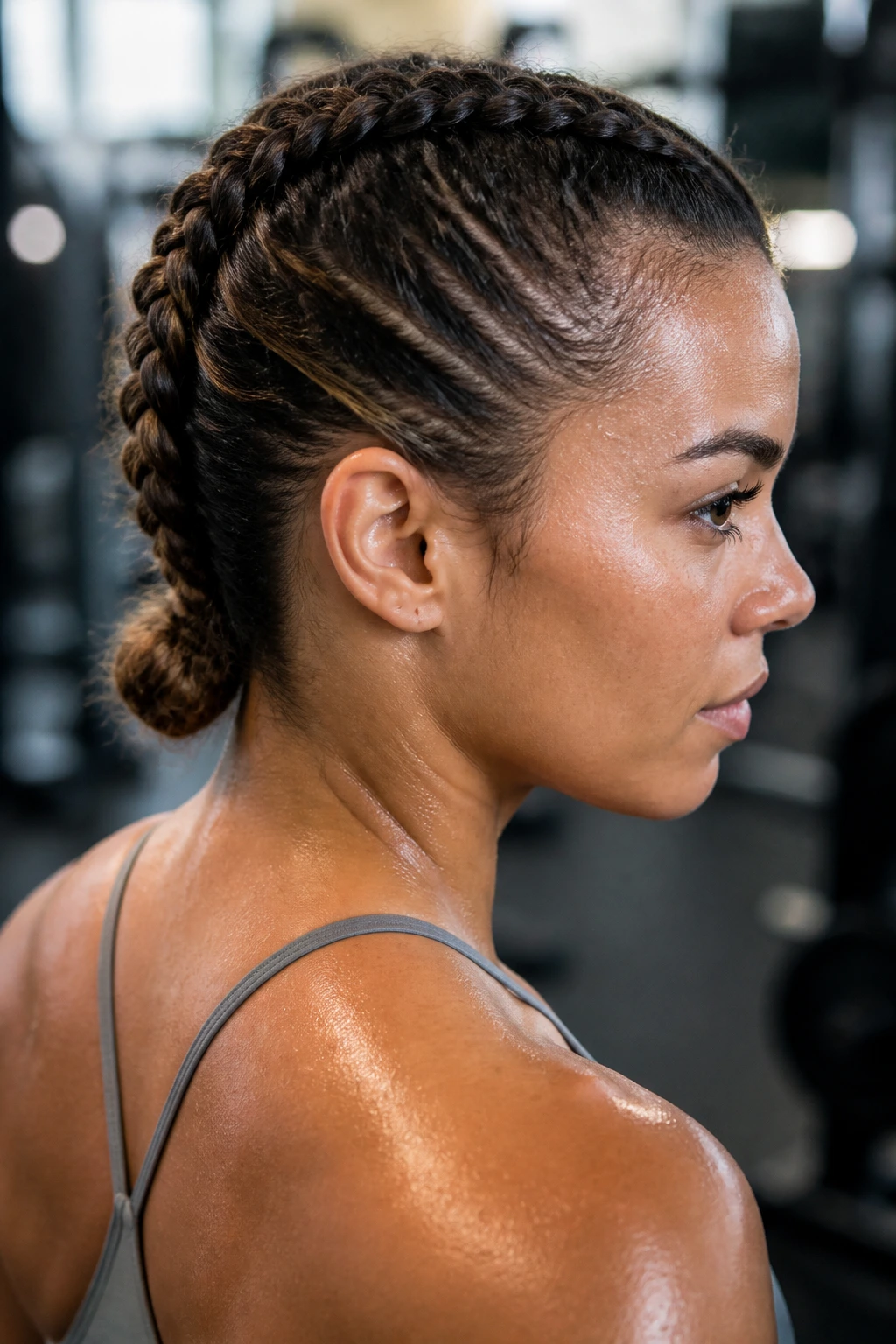 Close-up of a real woman with a French-braided mohawk in a gym