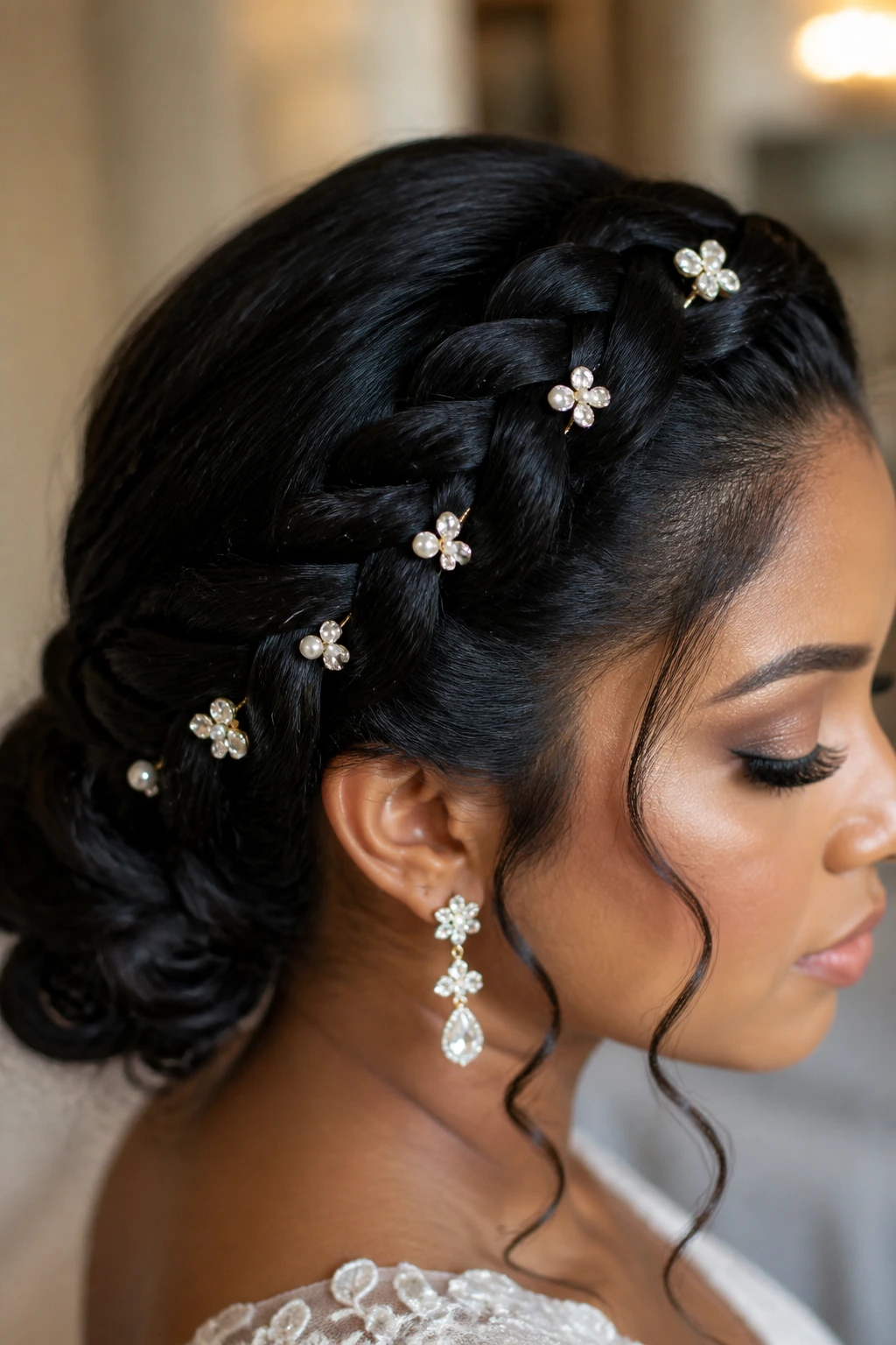 Close-up of a real bride's French braid with crystal and pearl pins along its length