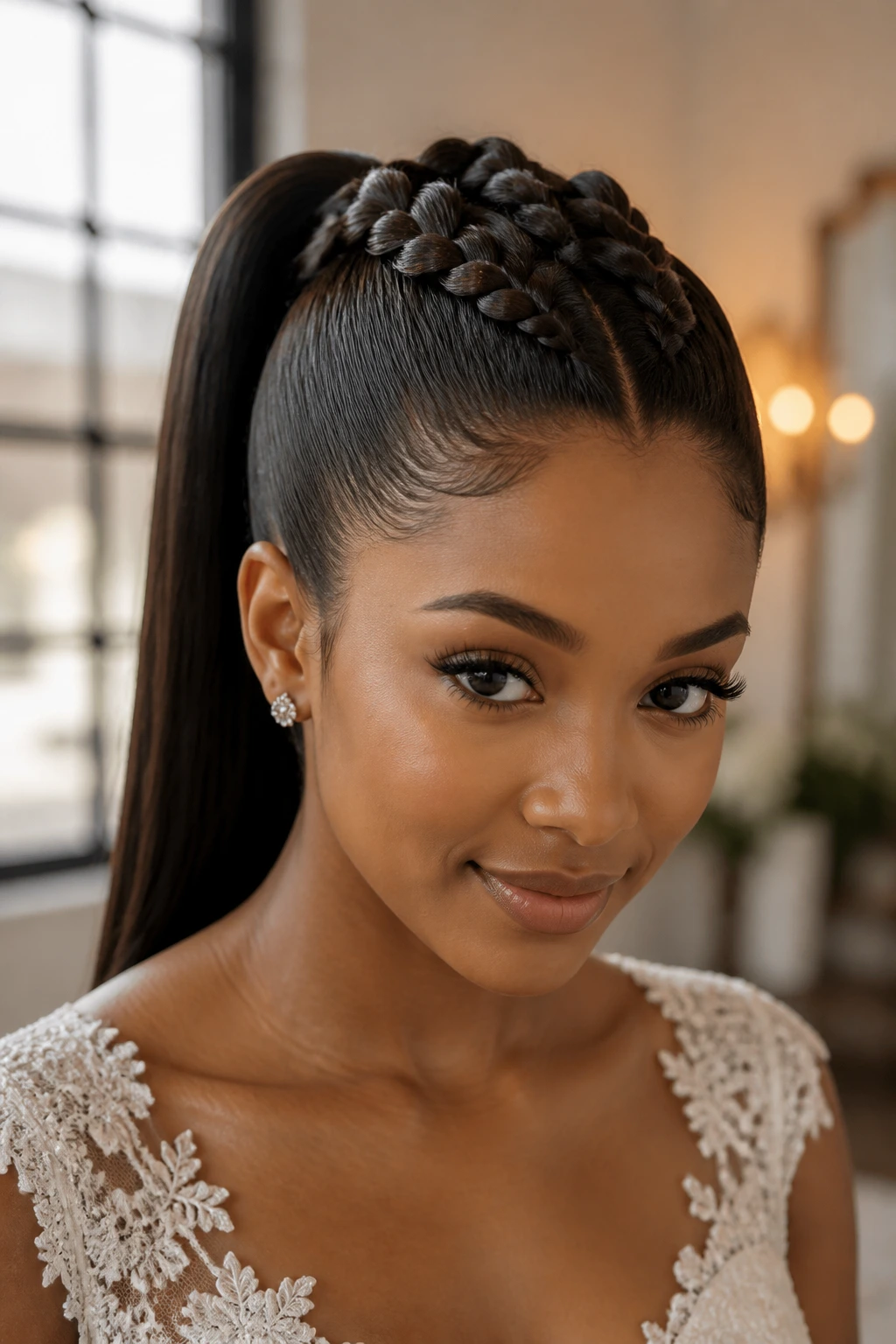 Close-up portrait of a real woman with a sleek high ponytail braided from a French braid