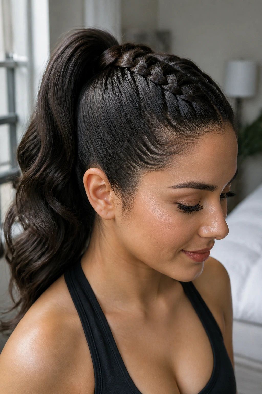 Portrait of a woman with a French braid ending at the crown and a high ponytail.