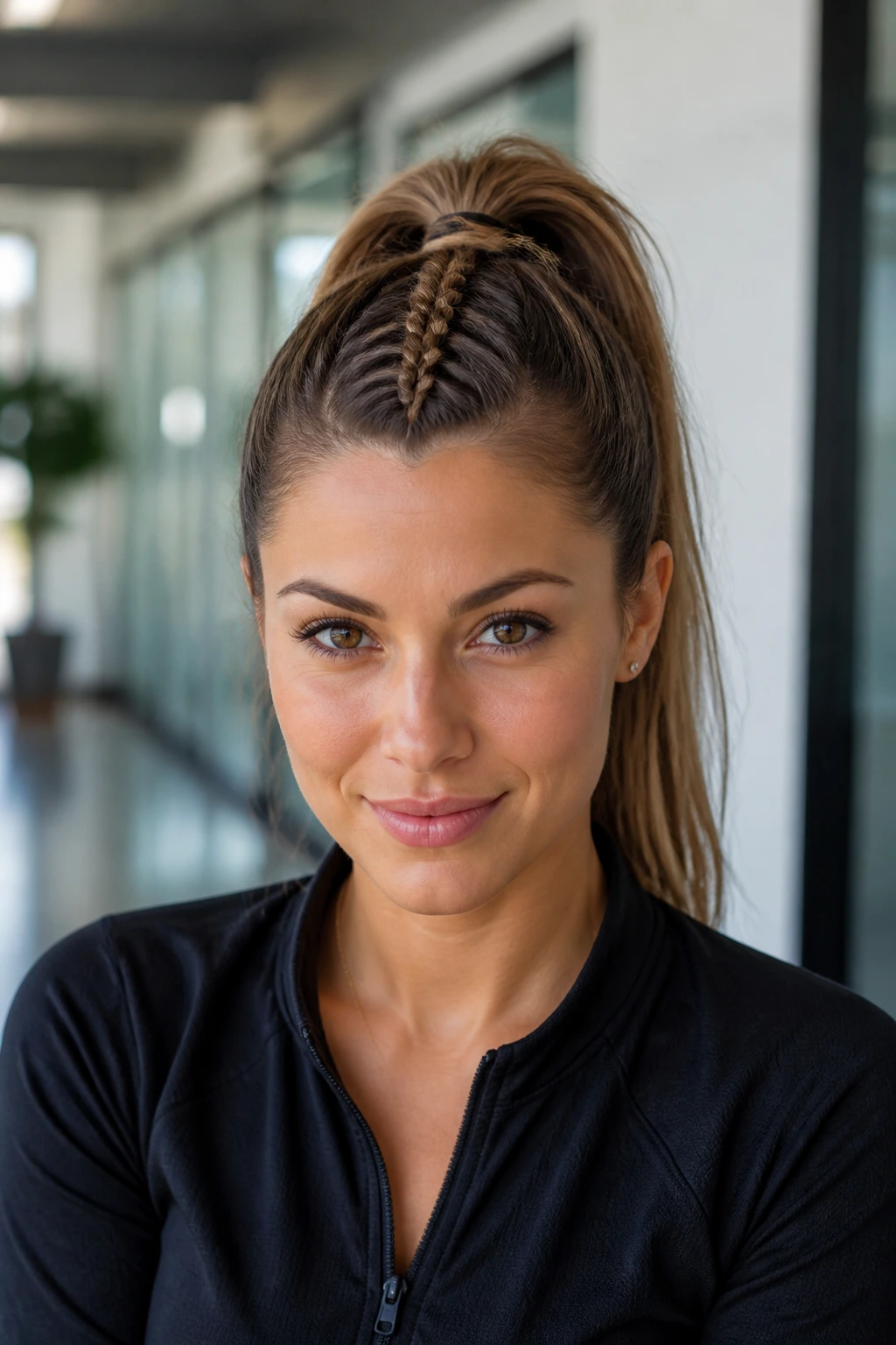 Front view of a real woman showing French braid into a high ponytail.