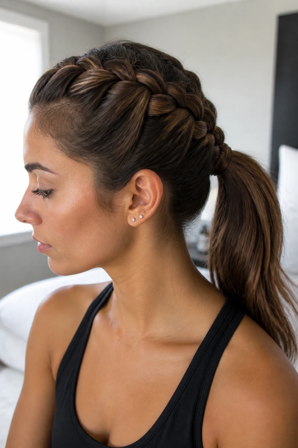 Real woman with French braid evolving into a ponytail