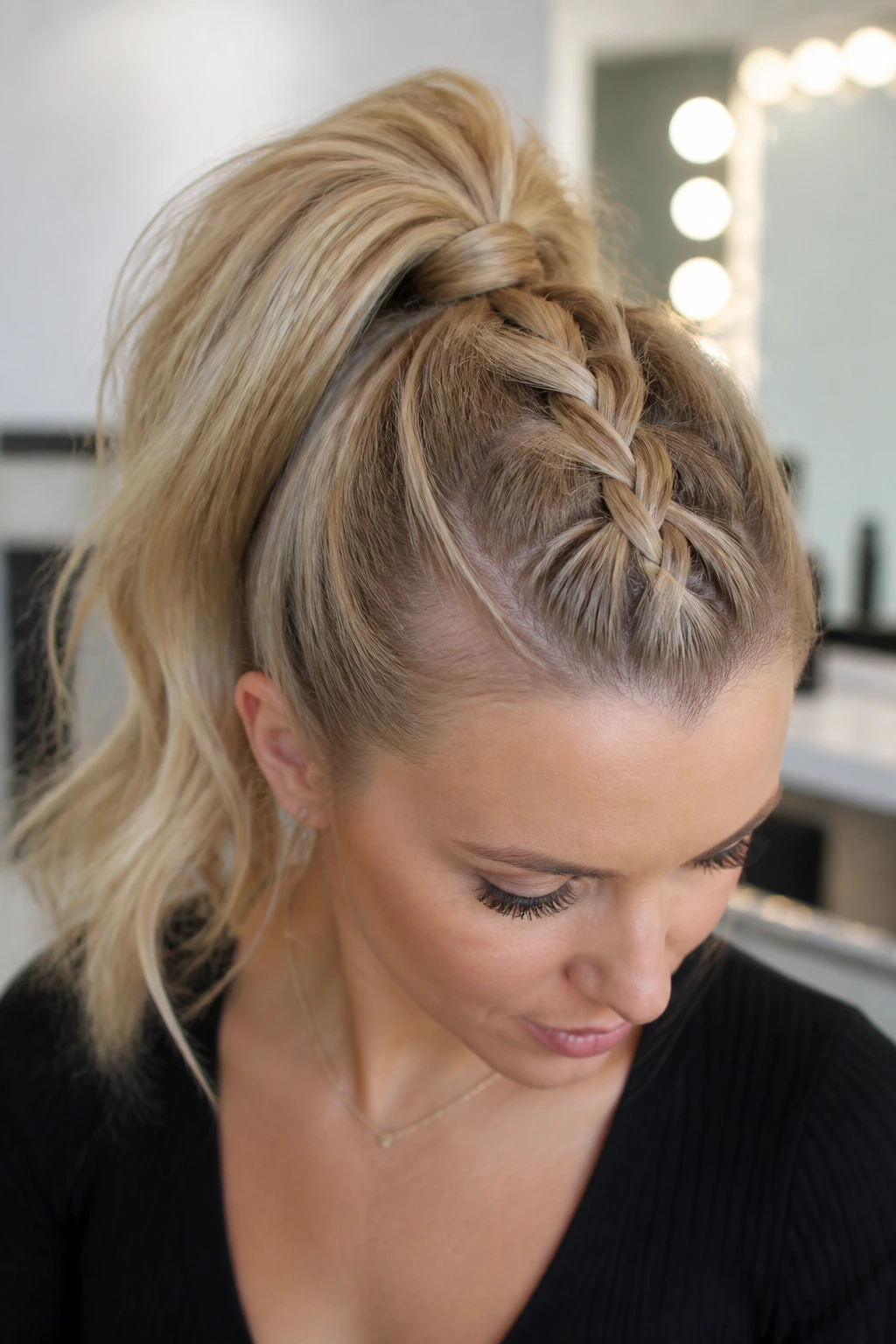 Close-up of a woman with a French braid transitioning into a high ponytail