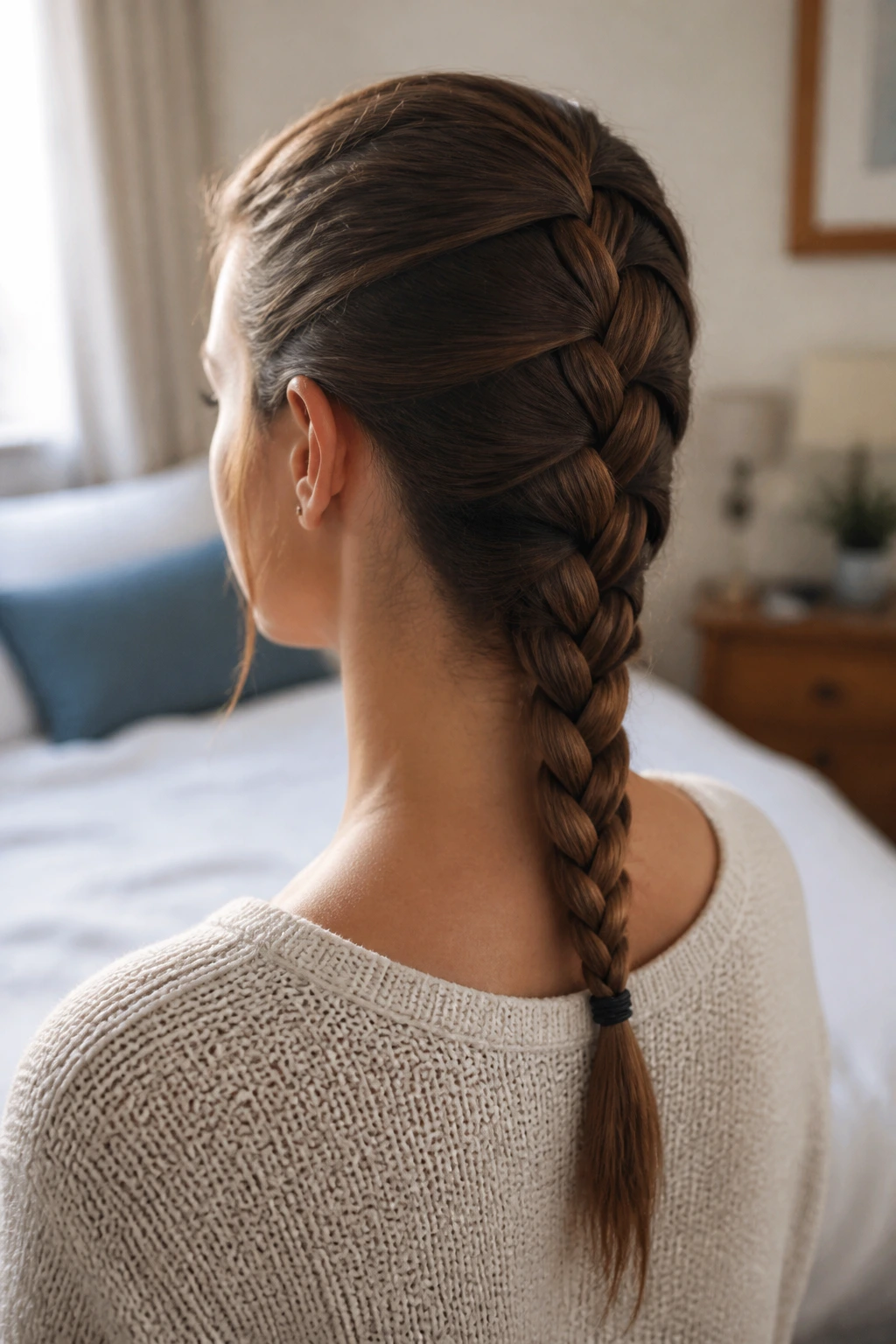 Close-up portrait of a real woman with a classic French braid in natural window light.