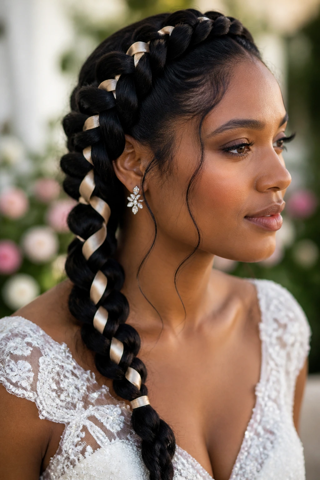Bride with French braid interwoven with ribbon