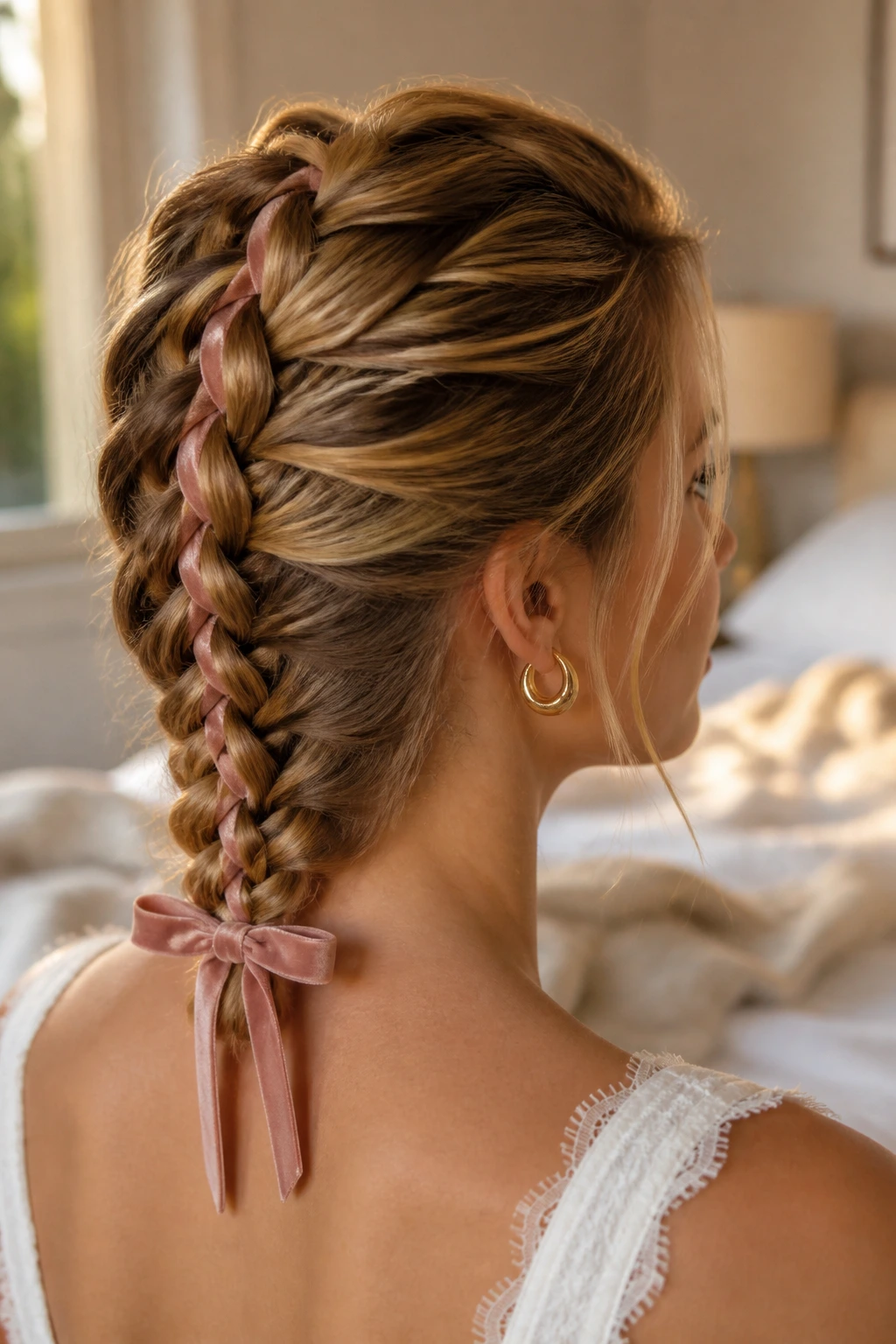 Real person with ribbon threaded through a French braid and a small bow