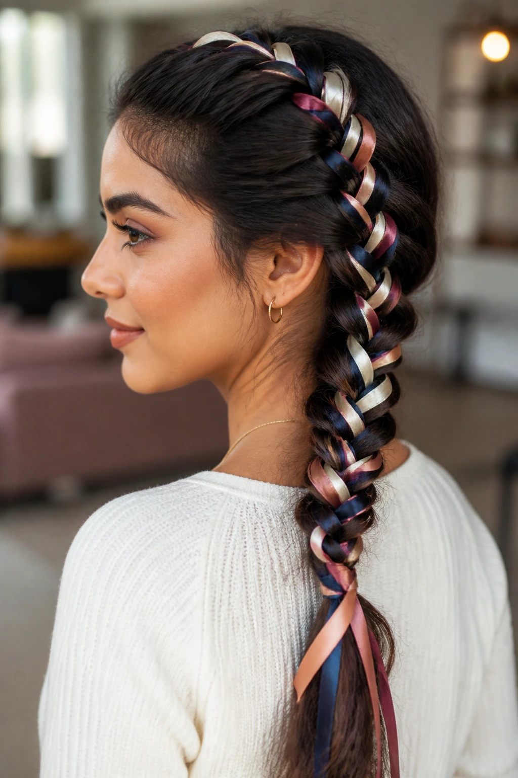 Close-up of French braid woven with a long satin ribbon on a real woman