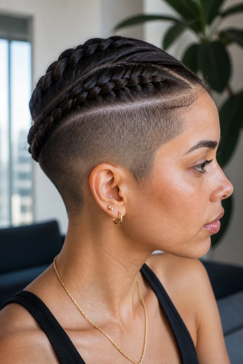 Close-up of a real person with a side-part French braid and shaved sides