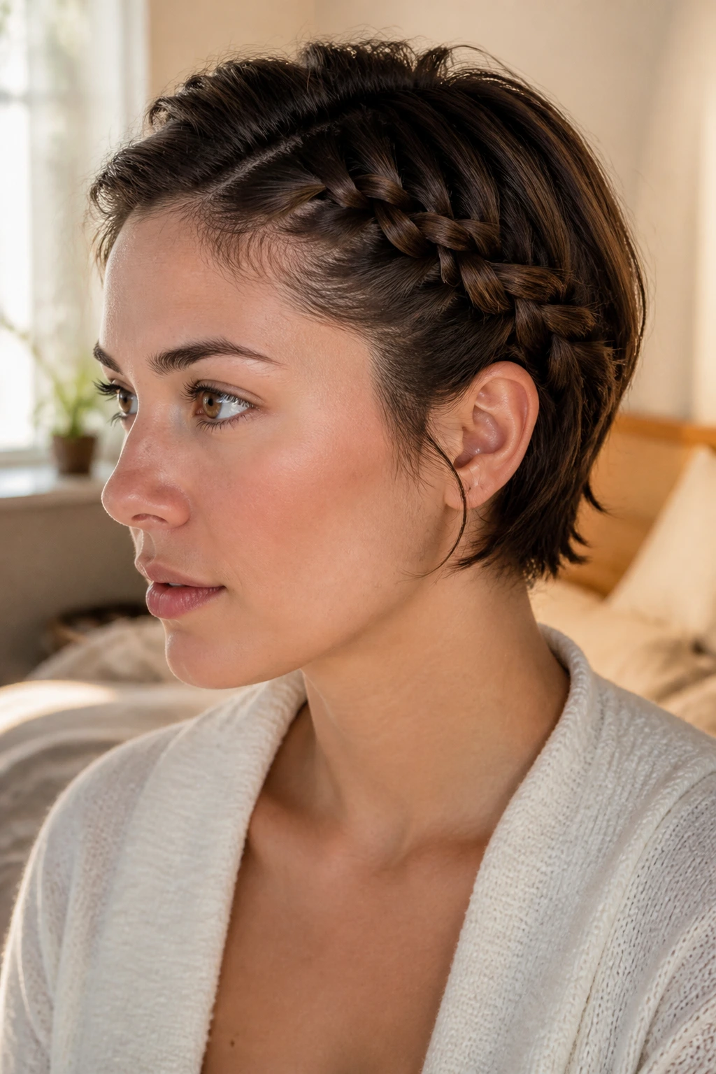 Close-up of a real woman wearing a loose French side braid along the hairline