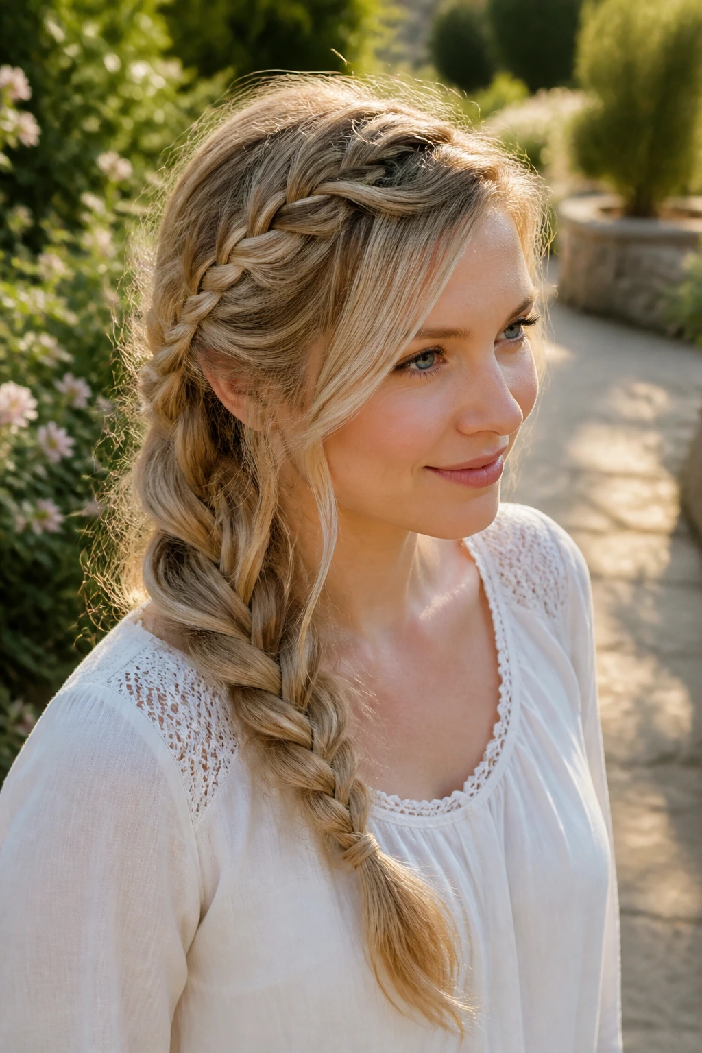 Medium close-up of a woman with a loose French-to-side-braid sweeping to the side