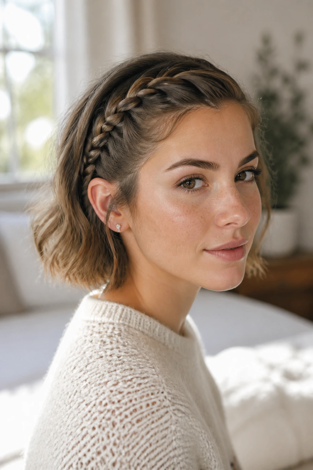 Close-up of a real woman's head with a classic French side braid along the hairline in soft morning light