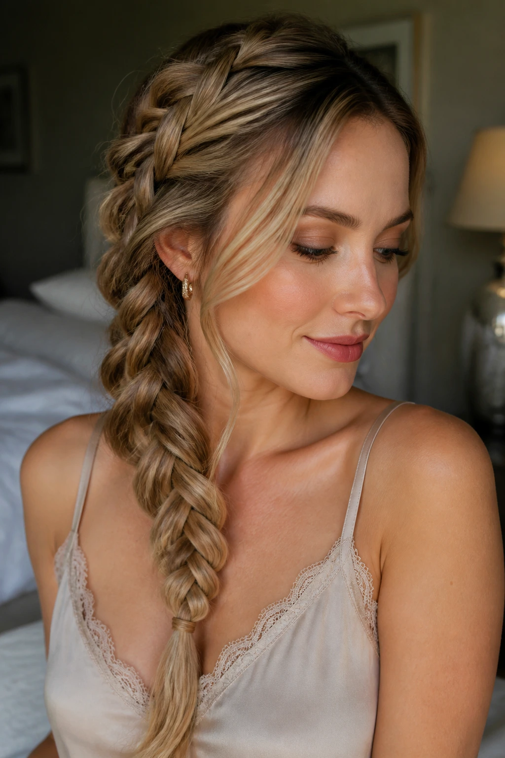 Close-up portrait of a real woman with a French side braid sweeping over her shoulder