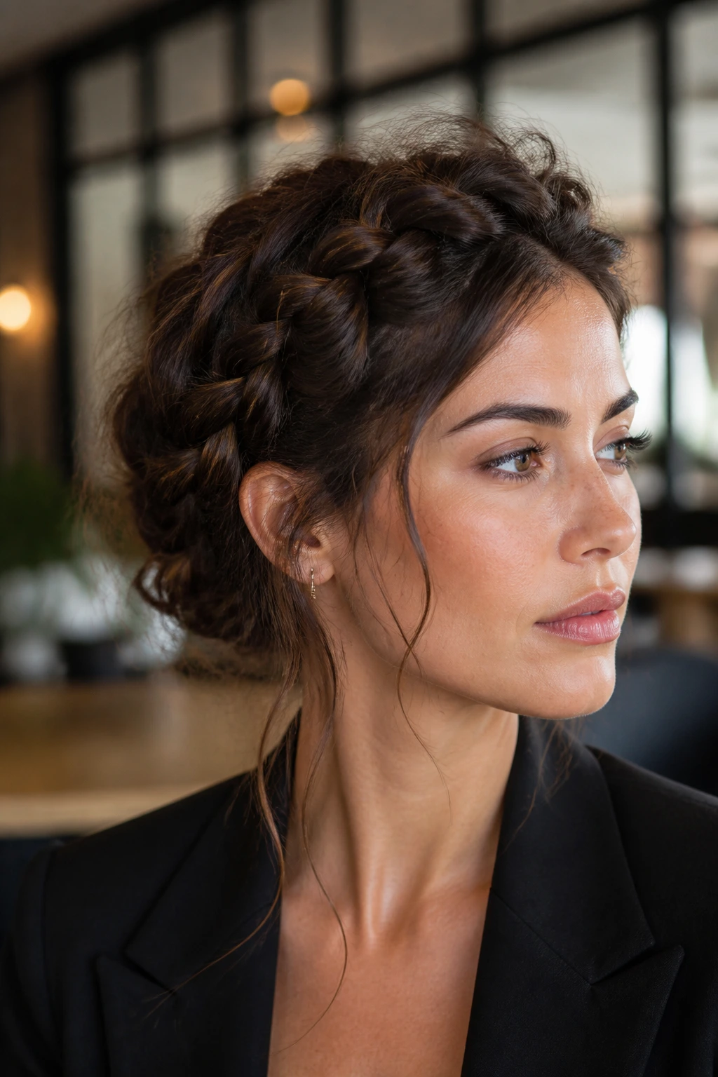 Close-up of a real woman with a soft grunge French braid and loose tendrils in an office setting
