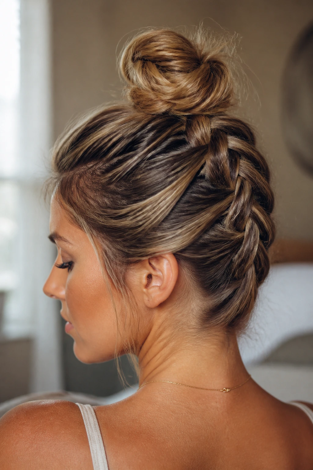 Real person with French braid feeding into a high top knot, soft indoor lighting